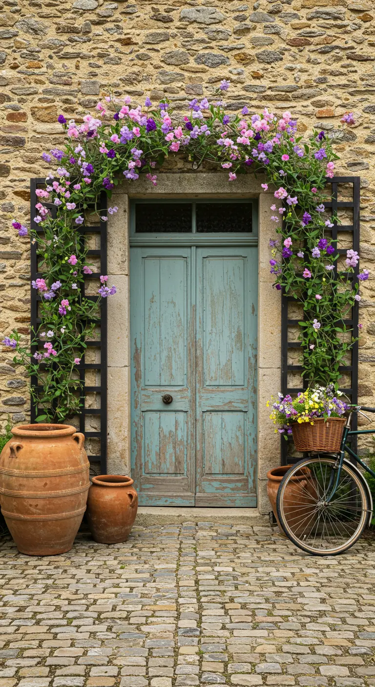 Porte bleue rustique encadrée de pois de senteur sur un treillis noir.