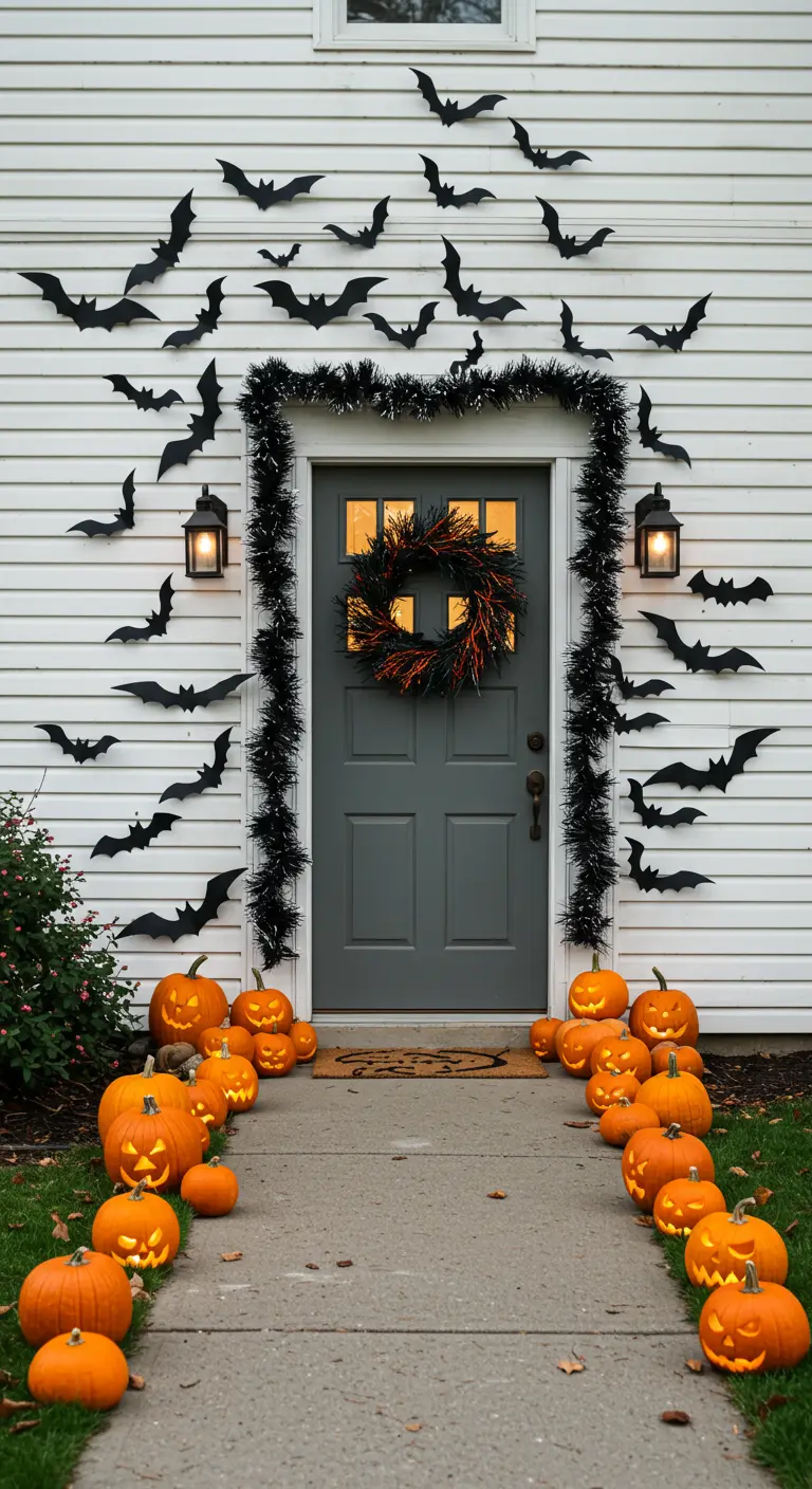 Maison avec un envol de chauves-souris en papier autour de la porte et une allée de citrouilles.