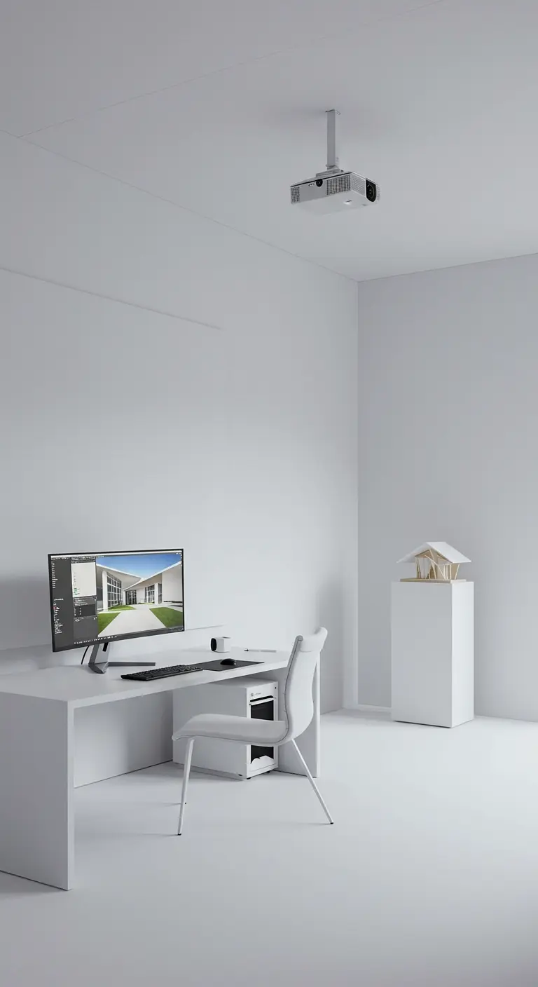 Bureau d'architecte entièrement blanc et minimaliste avec un modèle sur un piédestal.