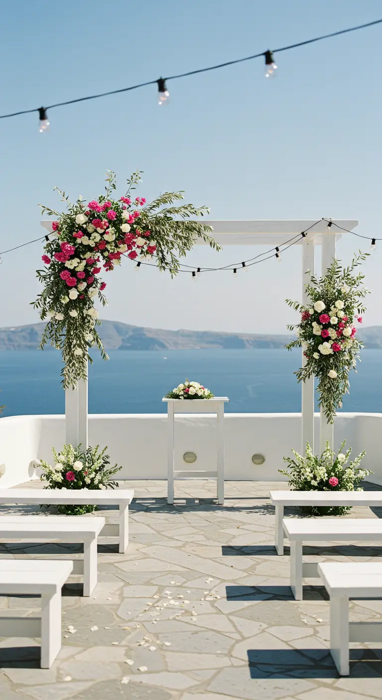 Arche de mariage blanche et minimaliste surplombant la mer, avec des touches de fleurs roses.