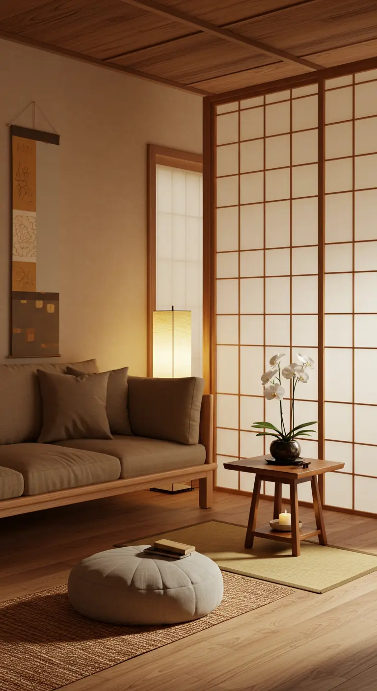 Salon d'inspiration japonaise avec cloison Shoji, mobilier bas en bois et une orchidée.