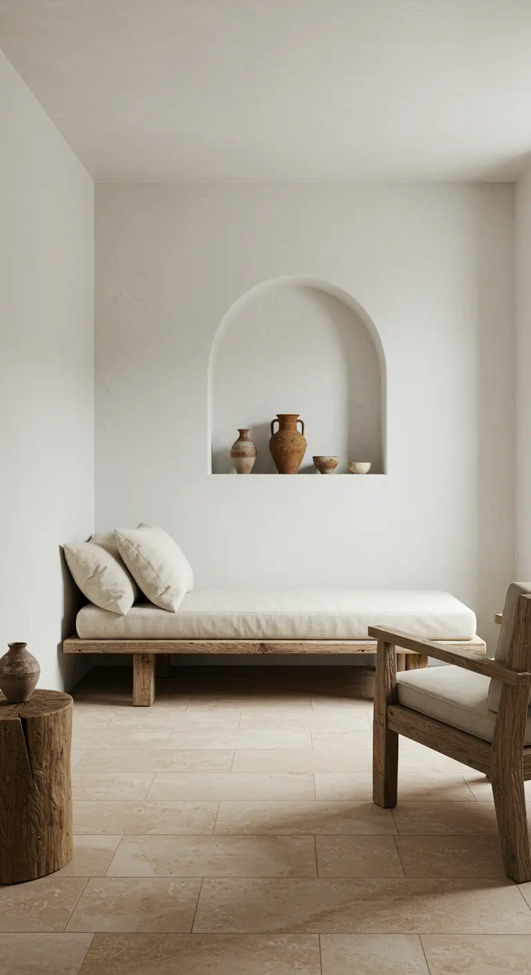 Salon minimaliste avec niche cintrée, banquette et carrelage clair.