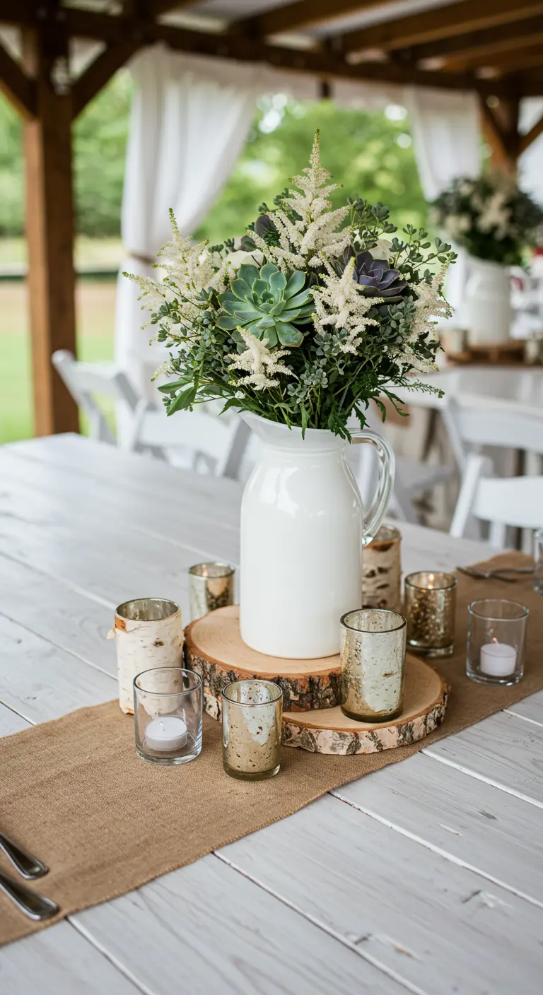 Pichet blanc avec fleurs, rondin de bois et photophores en verre mercurisé.