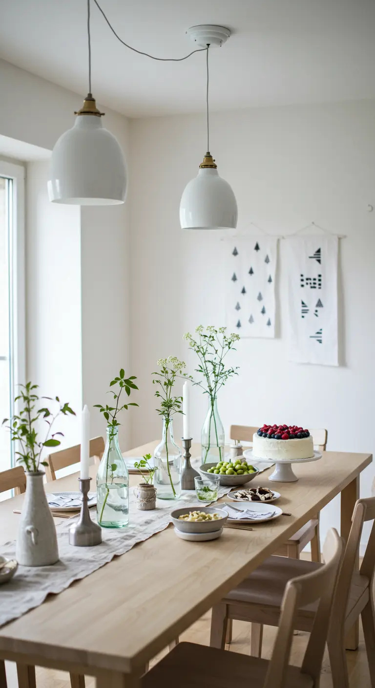 Salle à manger lumineuse avec table en bois, vases en verre et suspensions blanches.