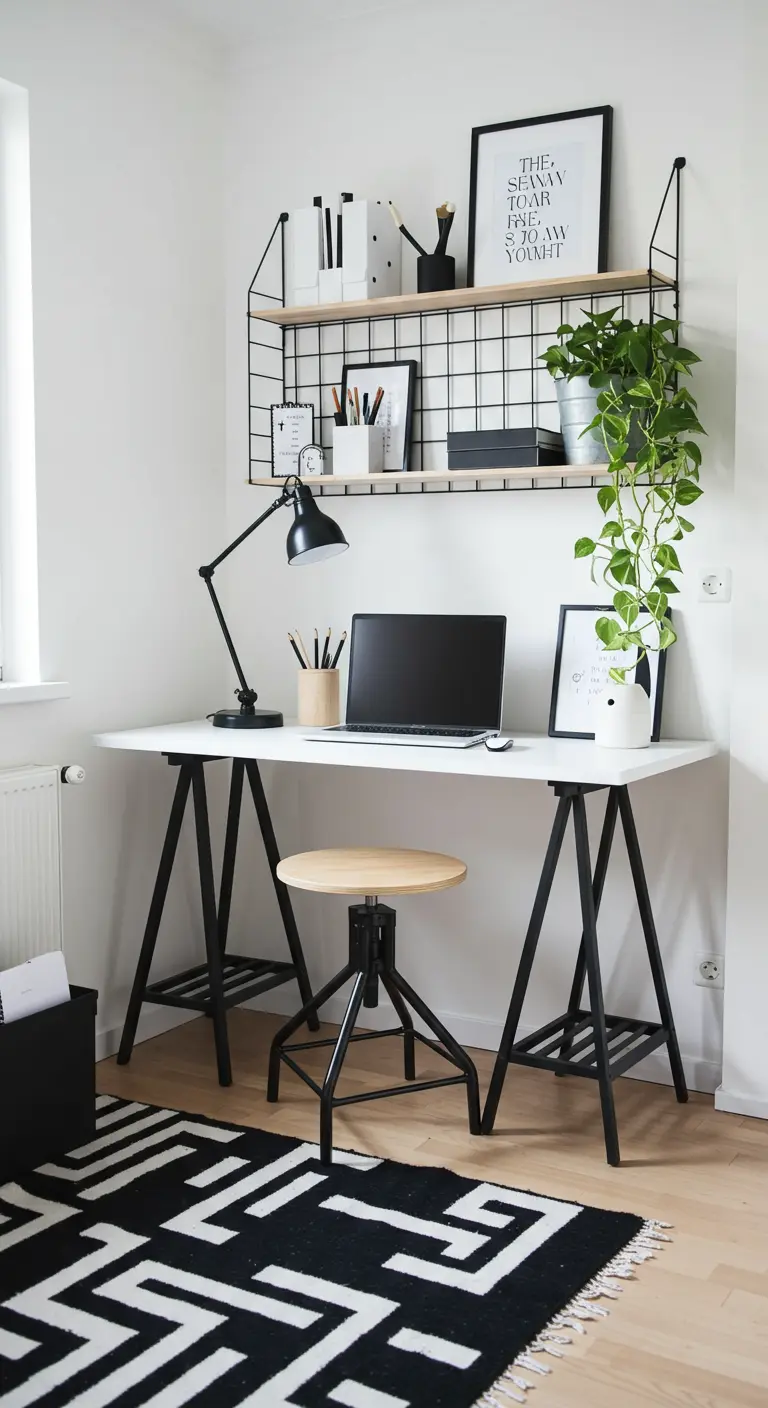Bureau blanc sur tréteaux noirs, avec étagère en grille et tapis graphique noir et blanc.