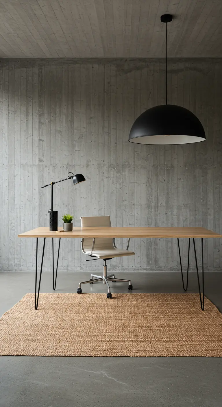 Bureau minimaliste avec pieds épingle, posé sur un tapis en jute devant un mur en béton.