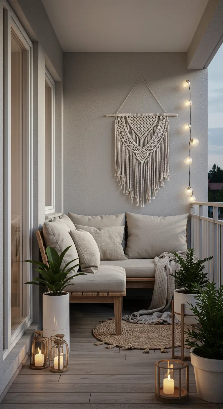 Balcon bohème minimaliste avec un banc en bois, des coussins neutres et une tenture murale.