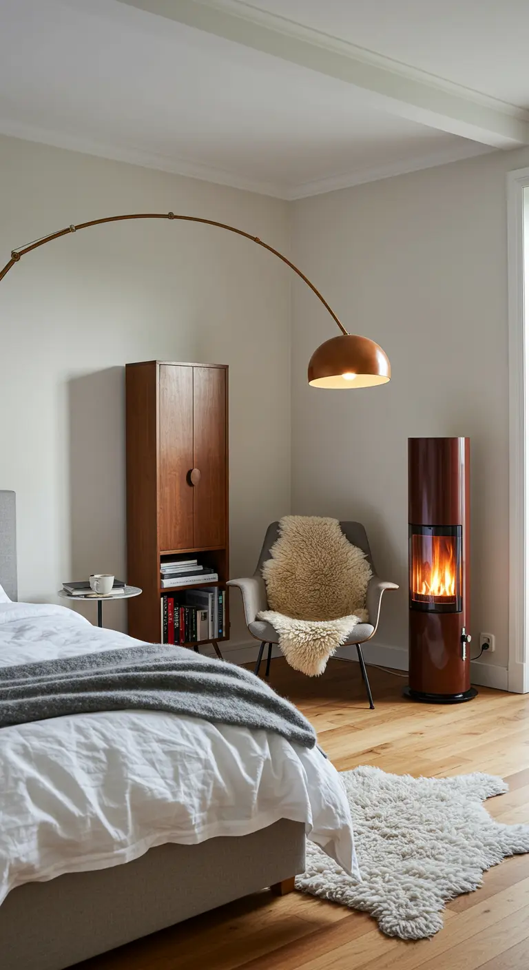 Chambre de style mid-century avec un lampadaire arqué et un poêle design.