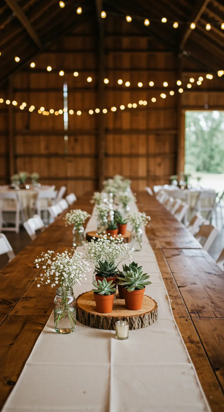 Centre de table rustique avec rondins, succulentes et guirlandes lumineuses.