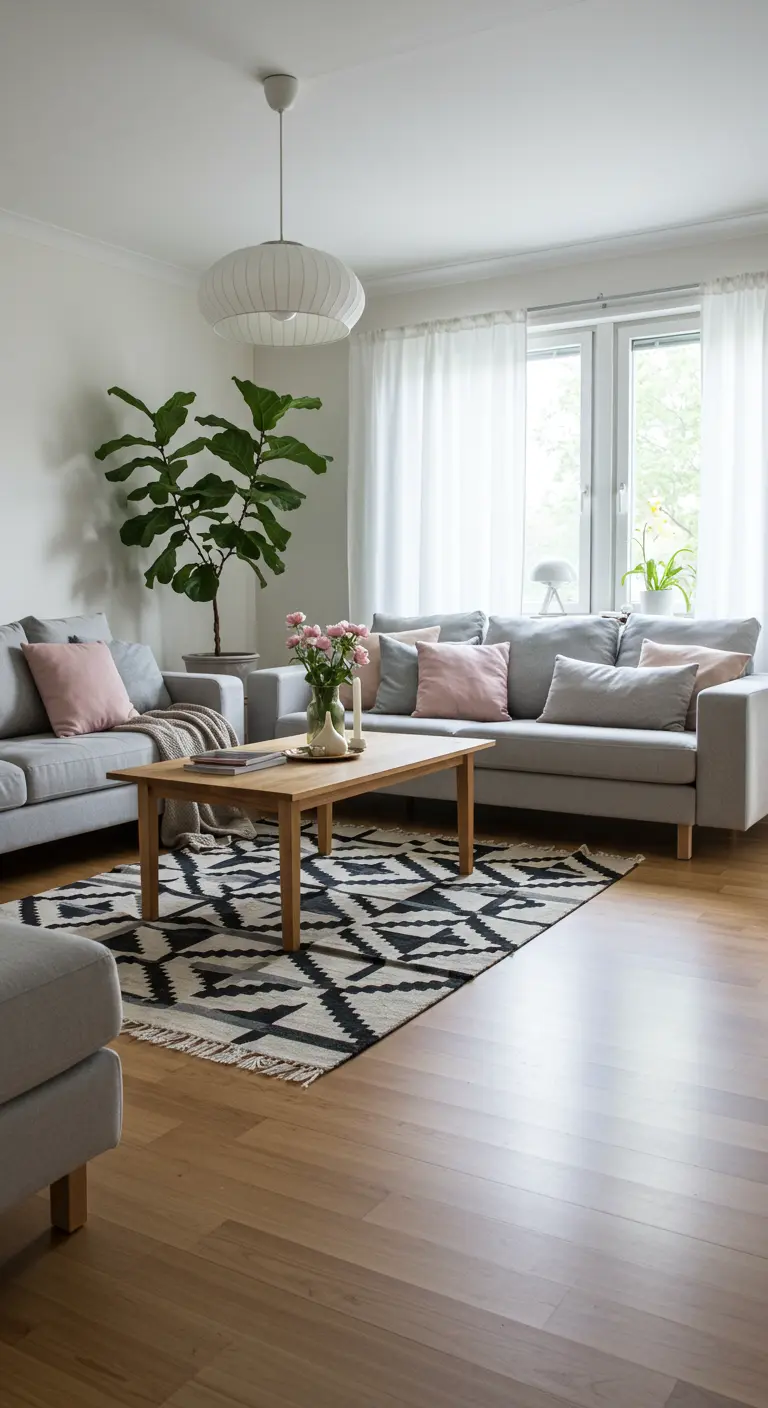 Salon lumineux de style scandinave avec canapé gris, table basse en chêne et tapis noir et blanc.