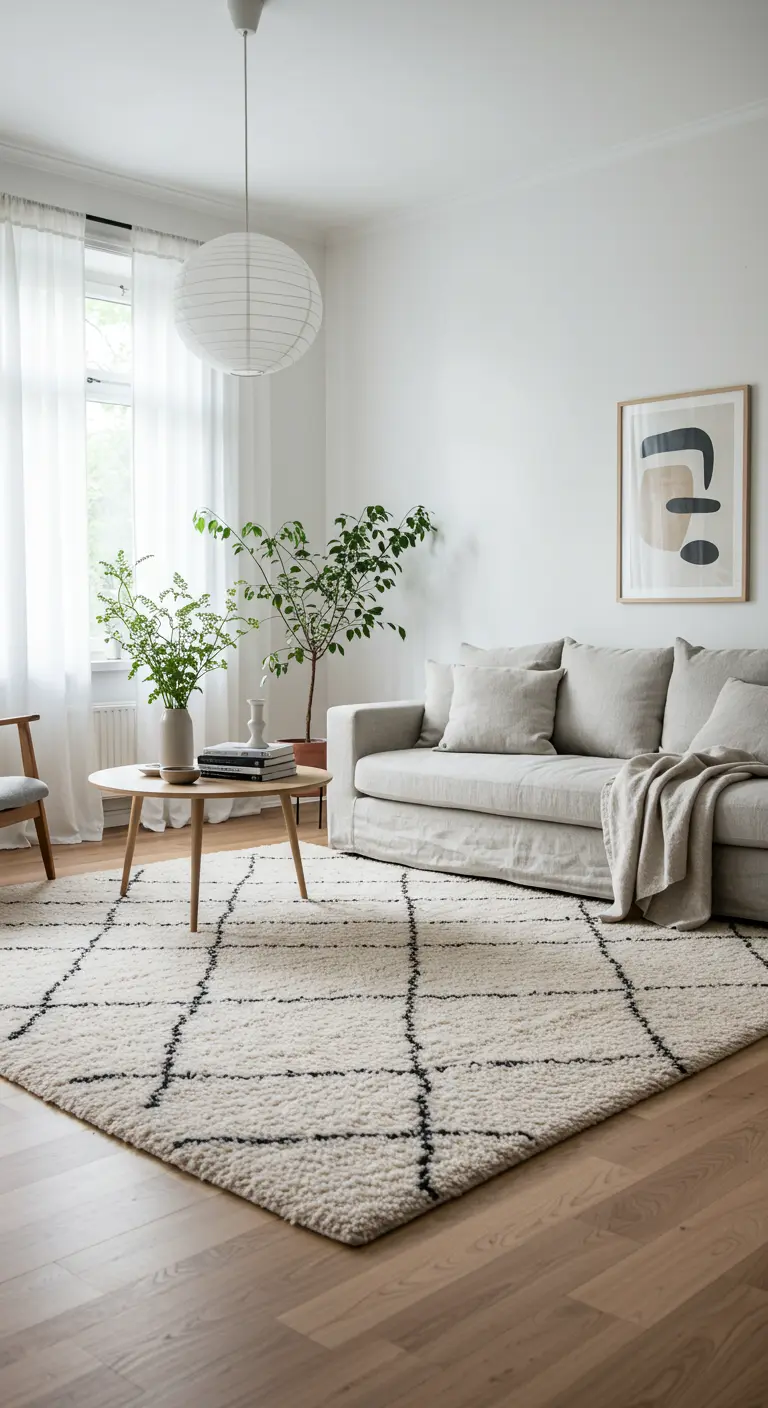 Canapé en lin beige et tapis berbère à motifs graphiques noirs dans un salon lumineux.