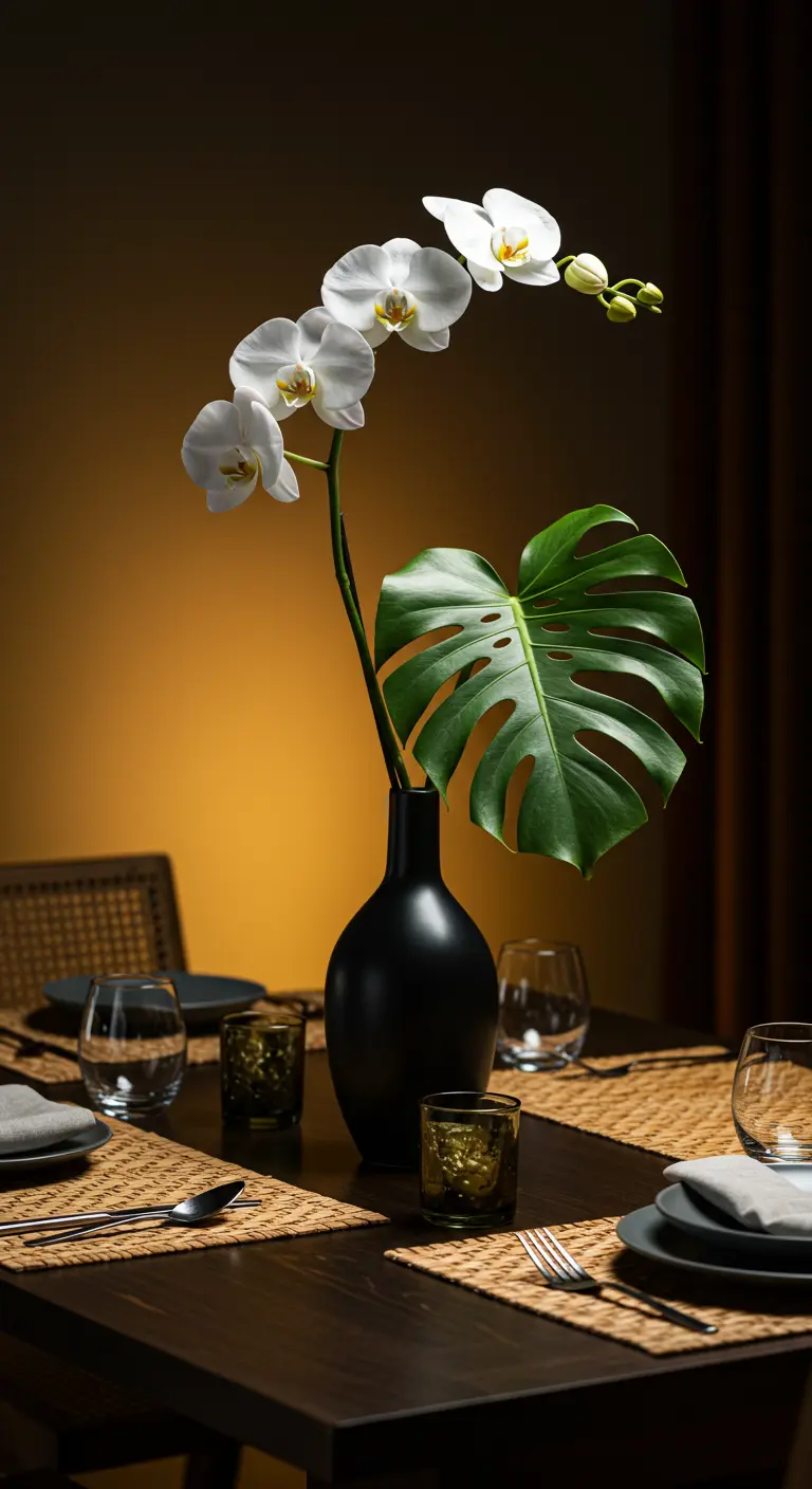 Vase noir mat avec une tige d'orchidée blanche et une grande feuille de monstera.
