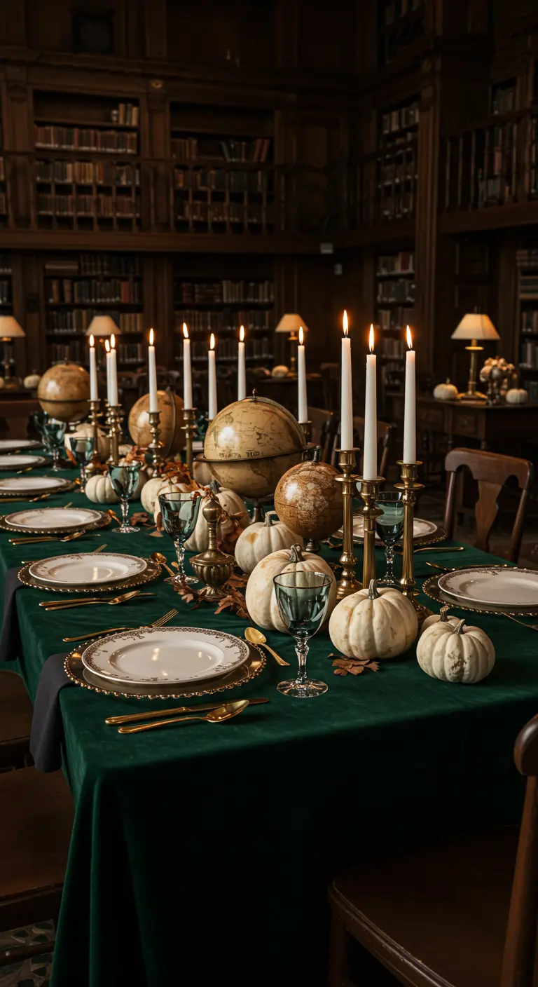 Table de bibliothèque avec nappe velours verte, citrouilles blanches, globes, chandeliers dorés, verres bleus.