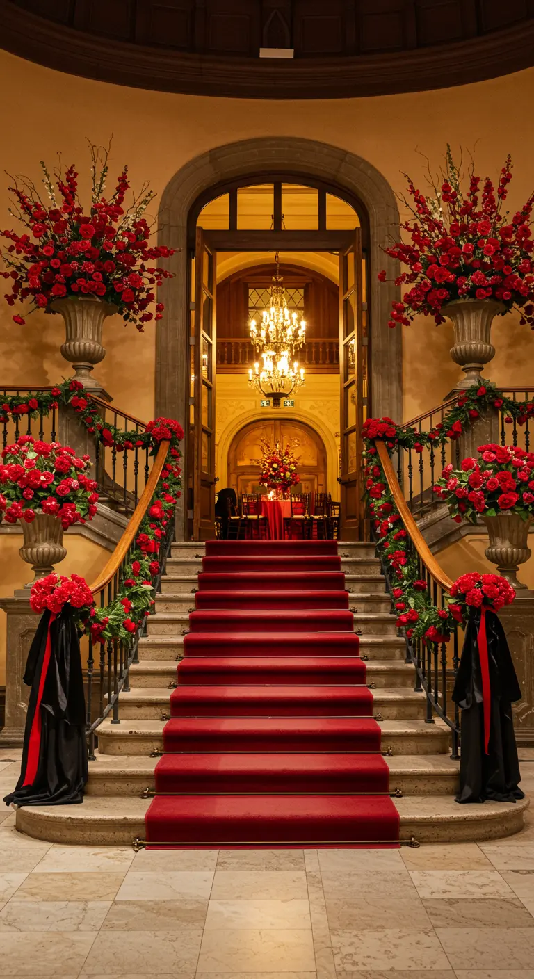 Grand escalier avec un tapis rouge et des rampes décorées de guirlandes de roses.