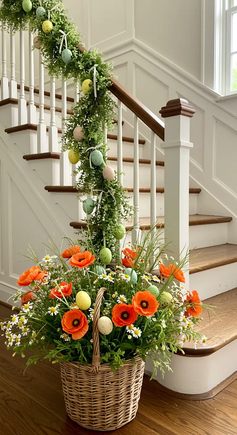 Escalier avec une rampe décorée d'une guirlande végétale et d'œufs de Pâques.