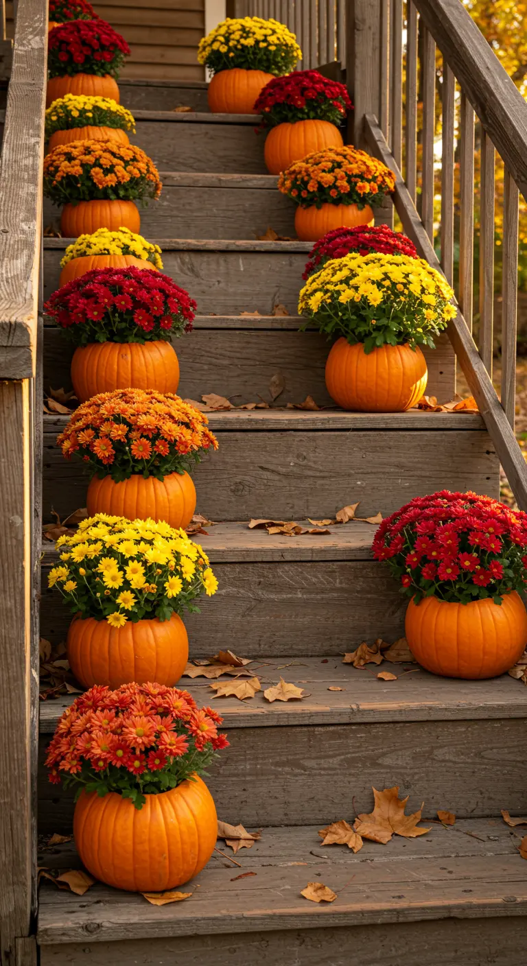 Des chrysanthèmes colorés dans des citrouilles sur un escalier en bois.