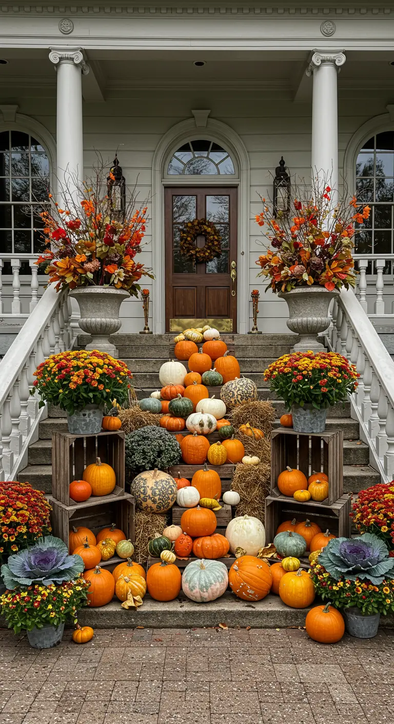 Grand escalier extérieur décoré d'une abondance de citrouilles, de choux et de chrysanthèmes.