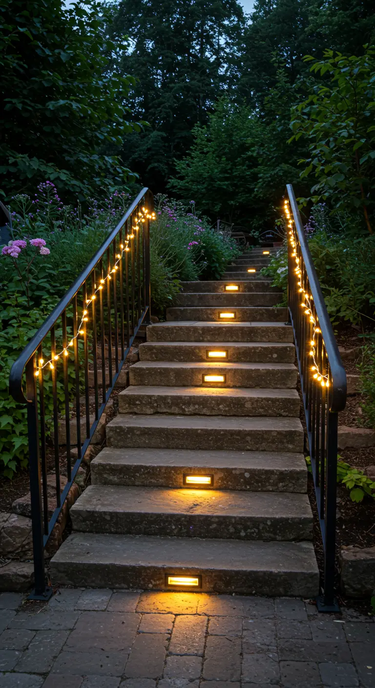 Un escalier en pierre extérieur avec des lumières encastrées dans les marches et une guirlande sur la rampe.