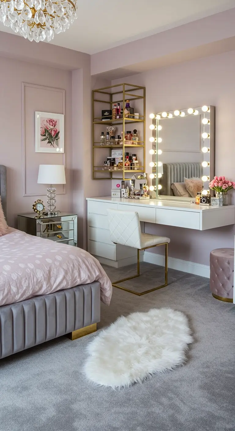 Coin coiffeuse glamour avec miroir à ampoules, finitions dorées et murs rose poudré.