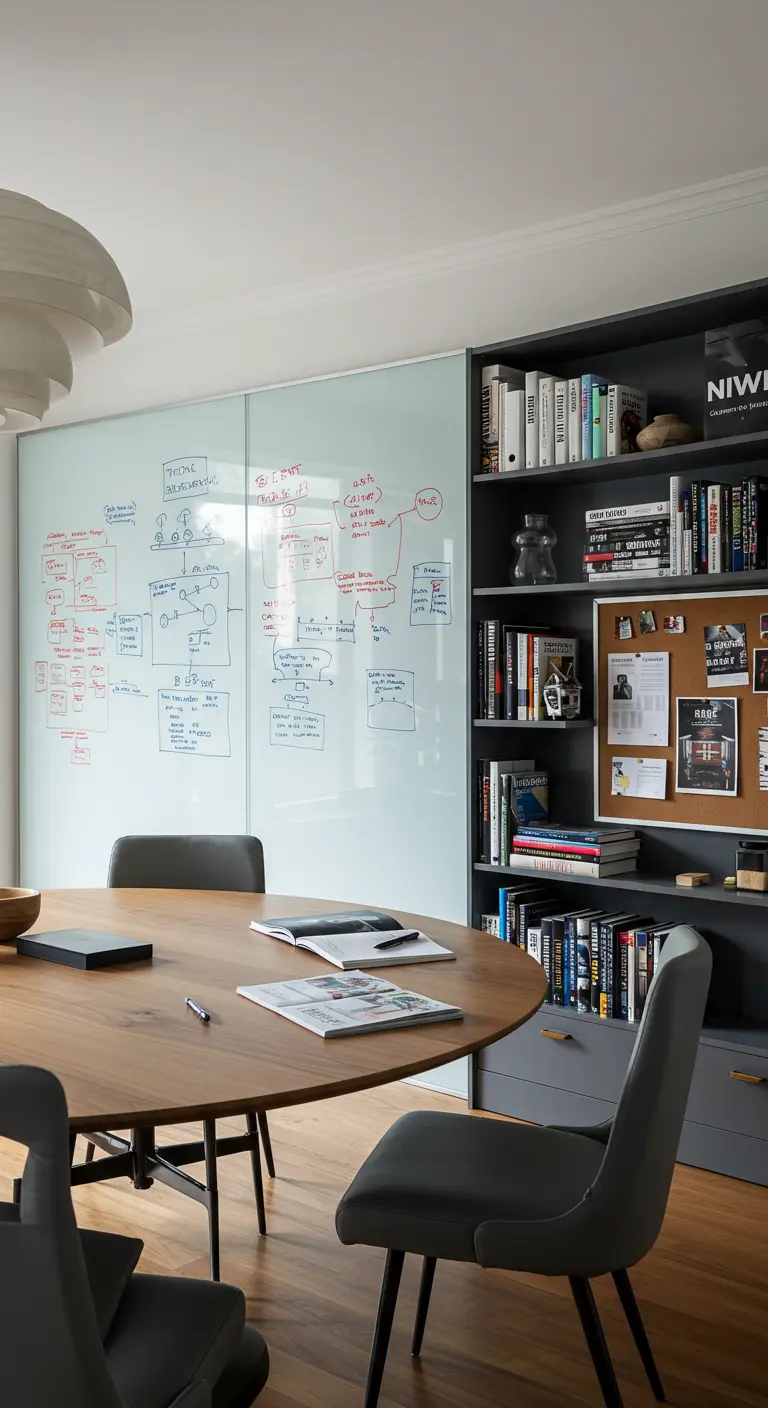 Espace de réunion avec table ronde et grand tableau blanc en verre.
