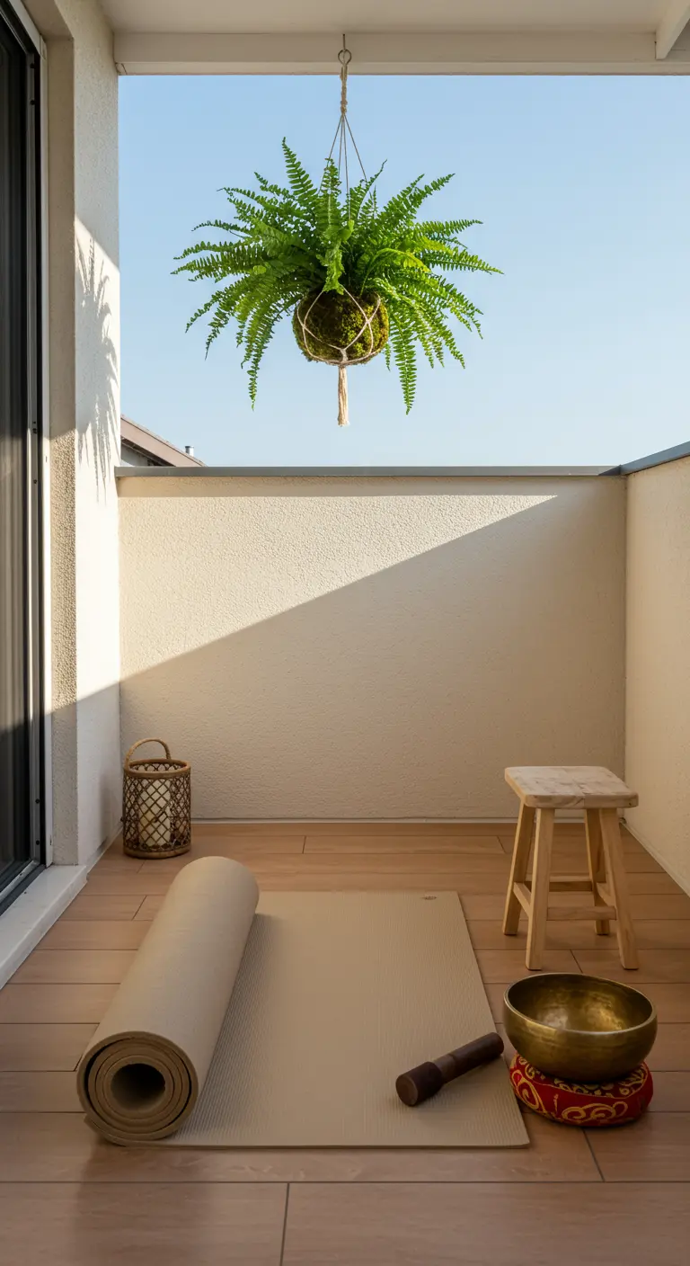 Coin yoga sur un balcon avec tapis, bol chantant et une grande fougère suspendue.