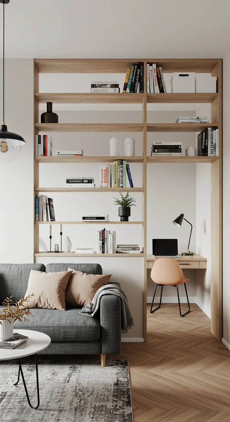 Bibliothèque en bois clair avec un coin bureau intégré et un canapé gris.