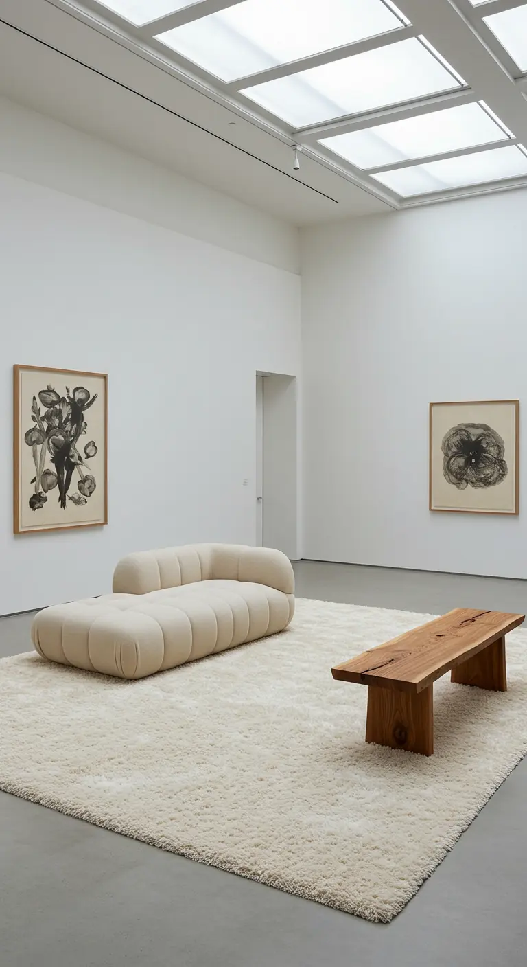 Vaste espace blanc avec un canapé design et un banc en bois sur un tapis géant.