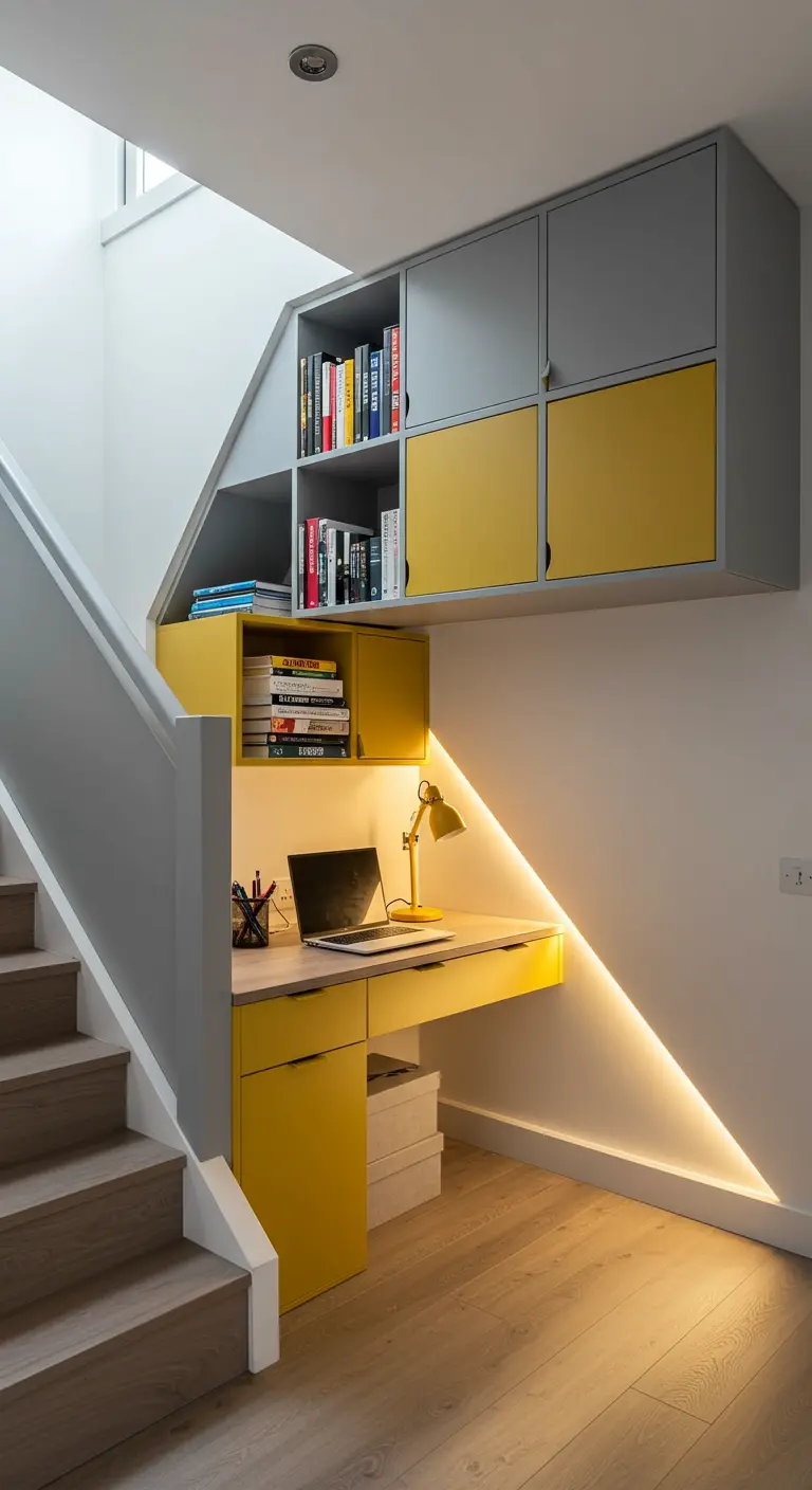 Bureau compact aménagé sous un escalier avec des rangements jaunes et gris.