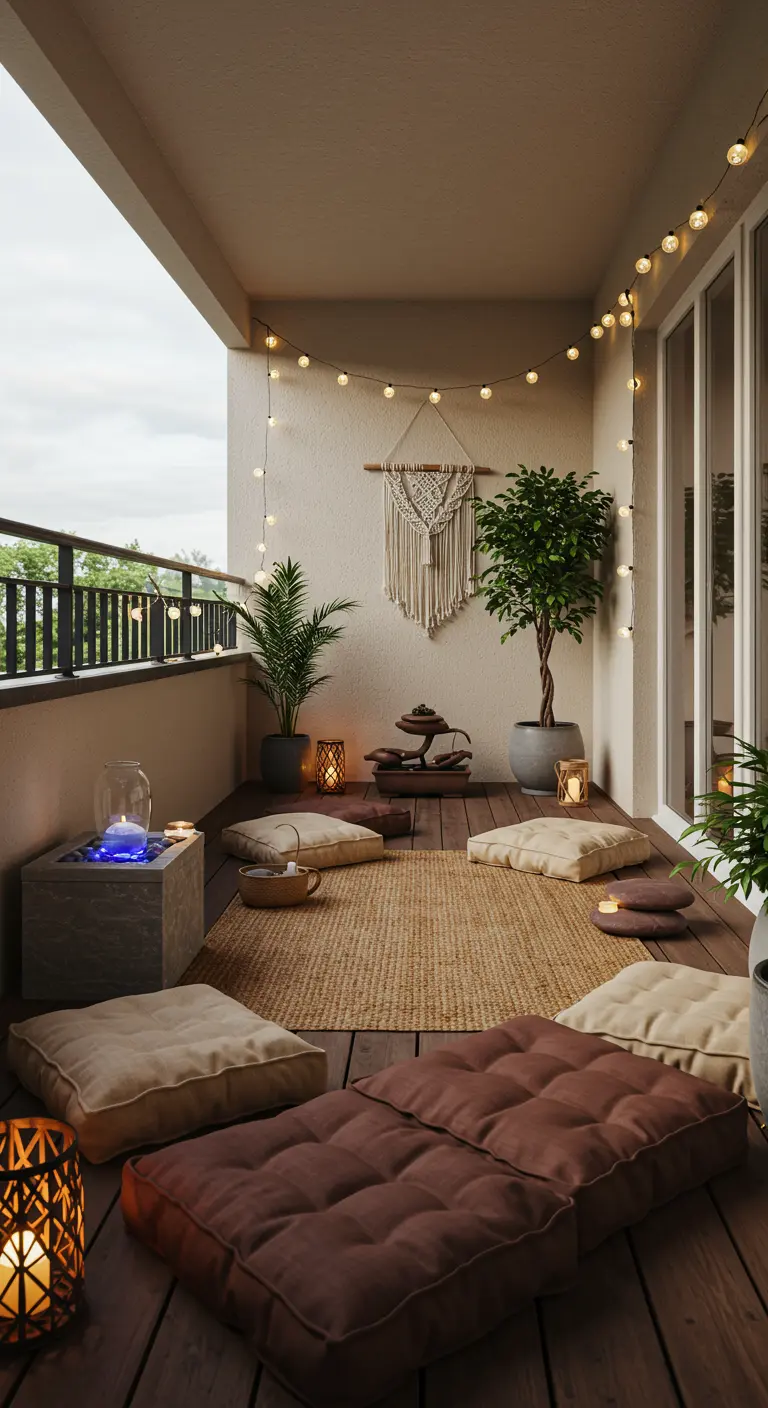 Balcon minimaliste bohème avec tapis en jute, coussins de sol, plantes et macramé mural.