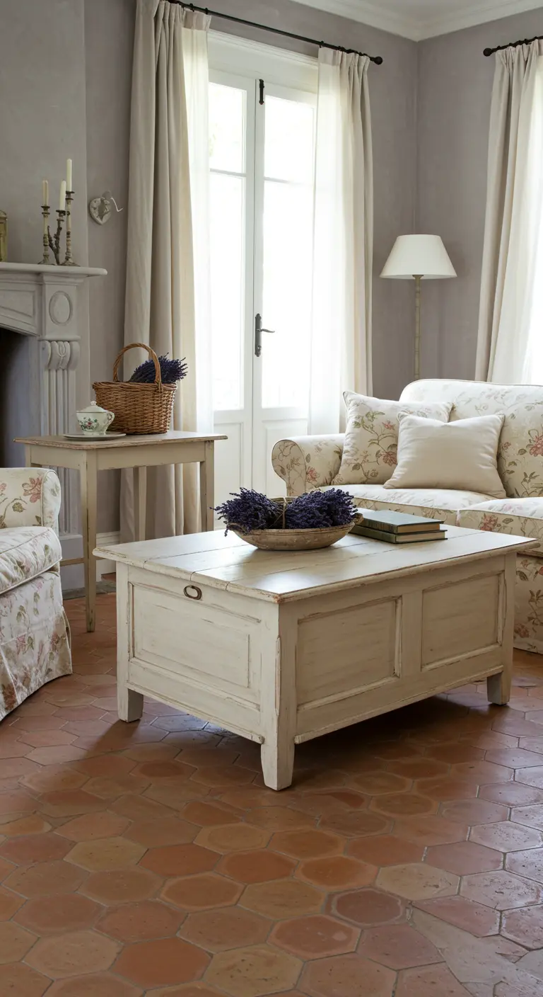 Salon provençal avec tomettes hexagonales et malle blanche vieillie.
