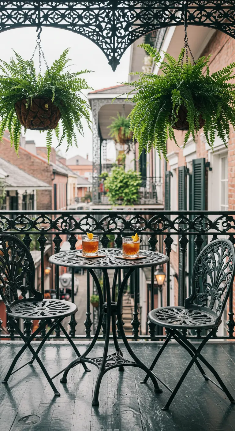 Petit ensemble bistrot en fer forgé noir sur un balcon.