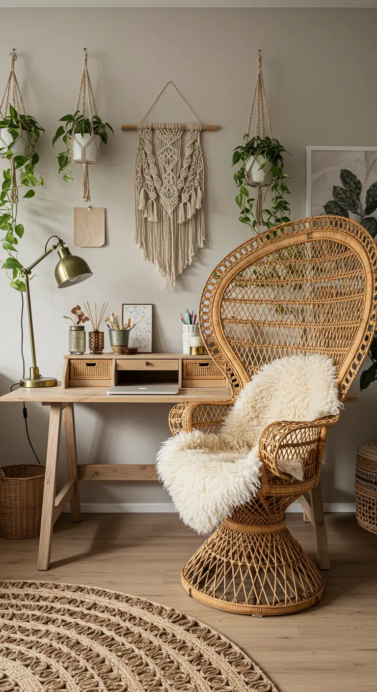 Bureau scandinave avec une chaise paon en rotin, des plantes suspendues et du macramé.