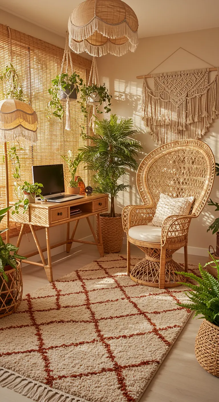 Coin bureau bohème avec mobilier en rotin, plantes suspendues et tapis berbère.