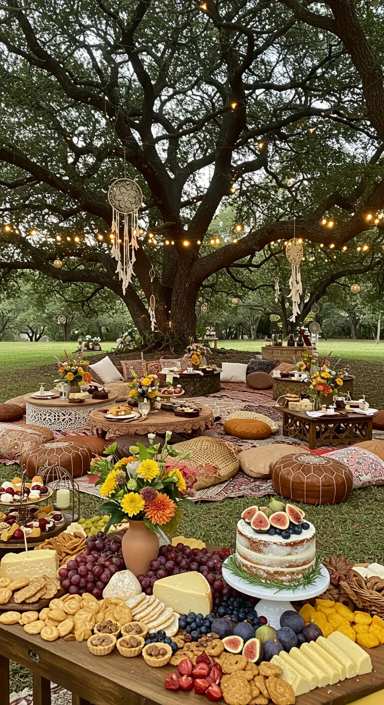 Fête bohème sous un grand arbre avec tables basses, coussins, attrape-rêves et guirlandes.