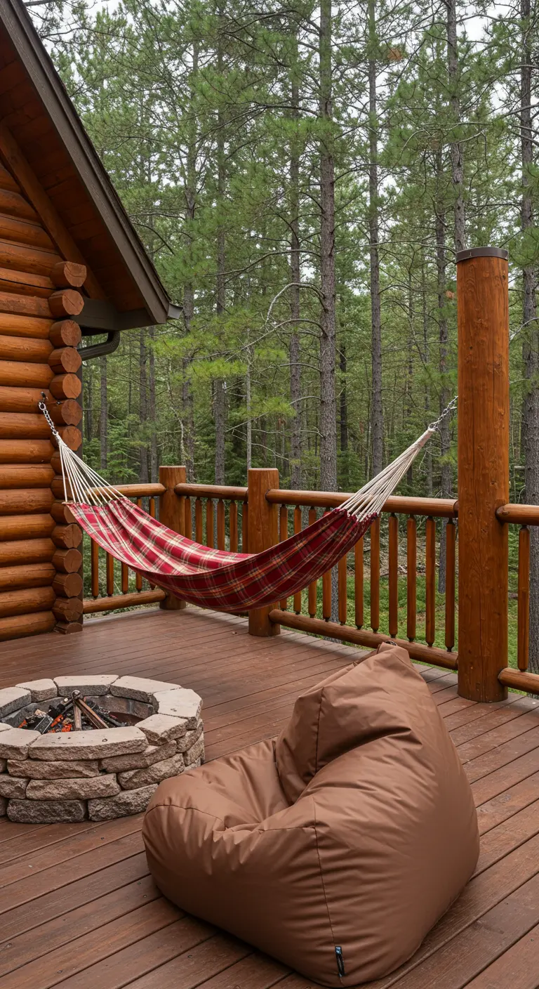 Hamac à carreaux et pouf marron près d'un brasero sur une terrasse en bois.