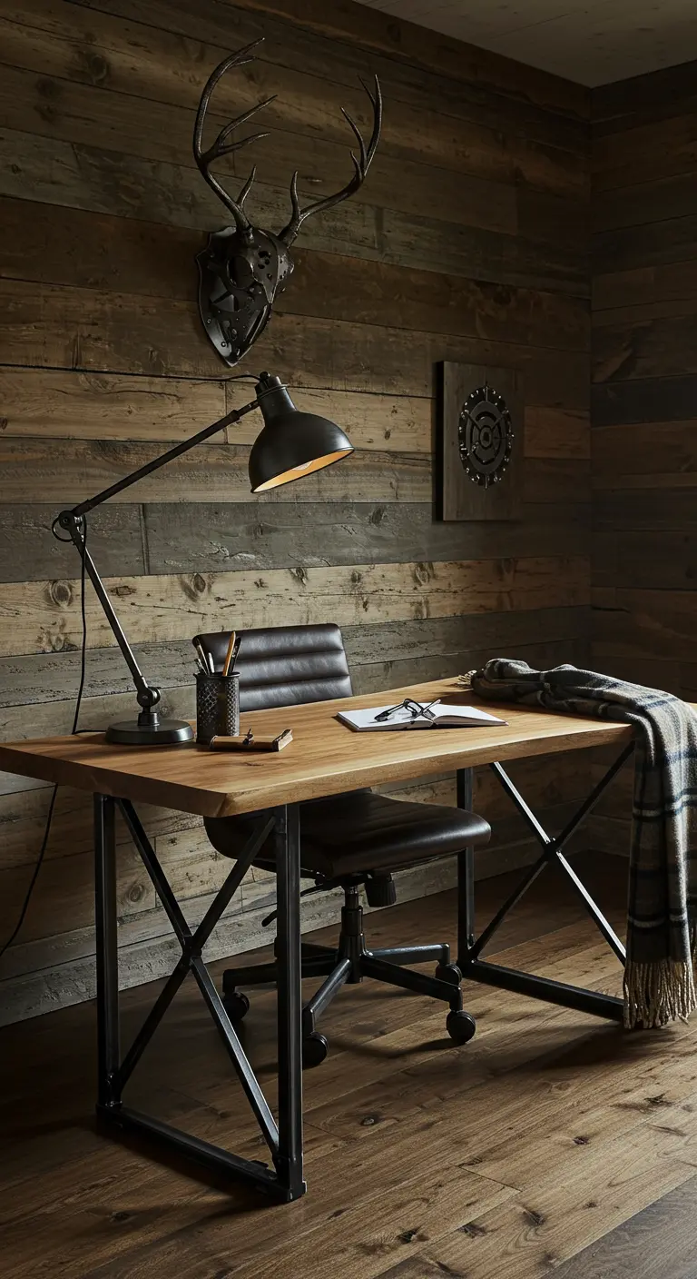 Bureau en bois et métal dans une pièce entièrement lambrissée de bois, avec une tête de cerf au mur.