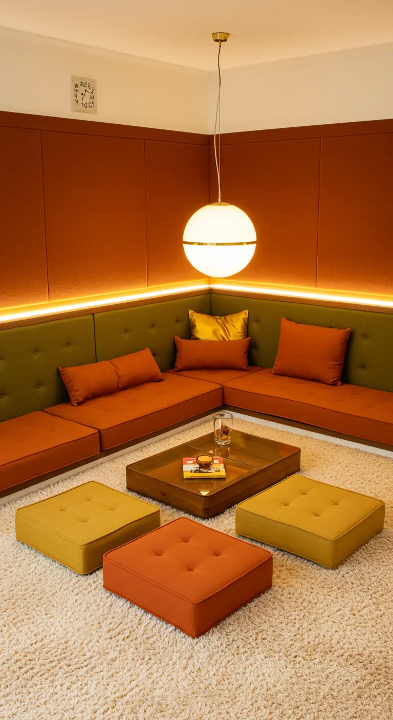Coin salon avec une banquette d'angle intégrée et des coussins terracotta et verts.