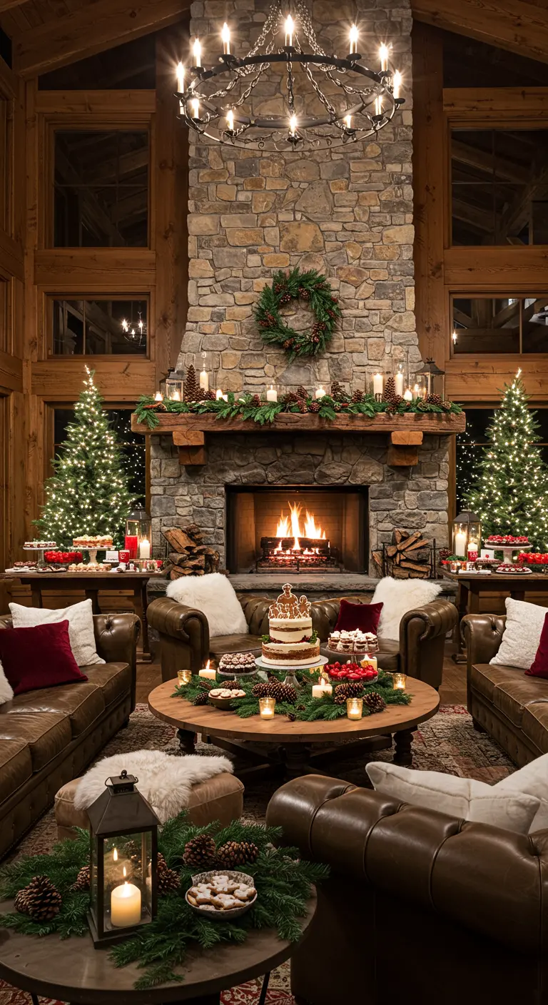 Salon de chalet avec cheminée, sapins décorés, couronnes de Noël, plaids et buffet.