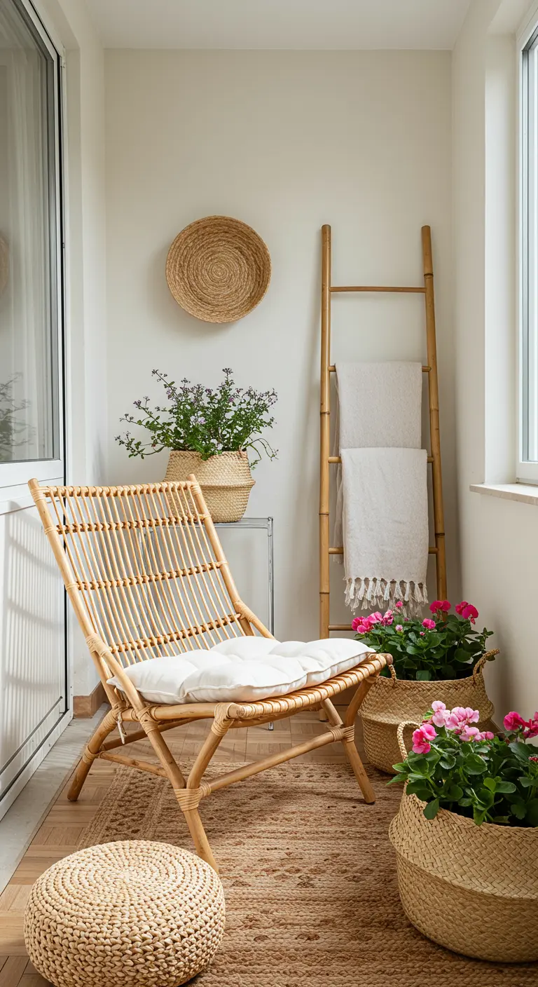 Chaise en rotin avec coussin blanc dans un coin de balcon scandinave.