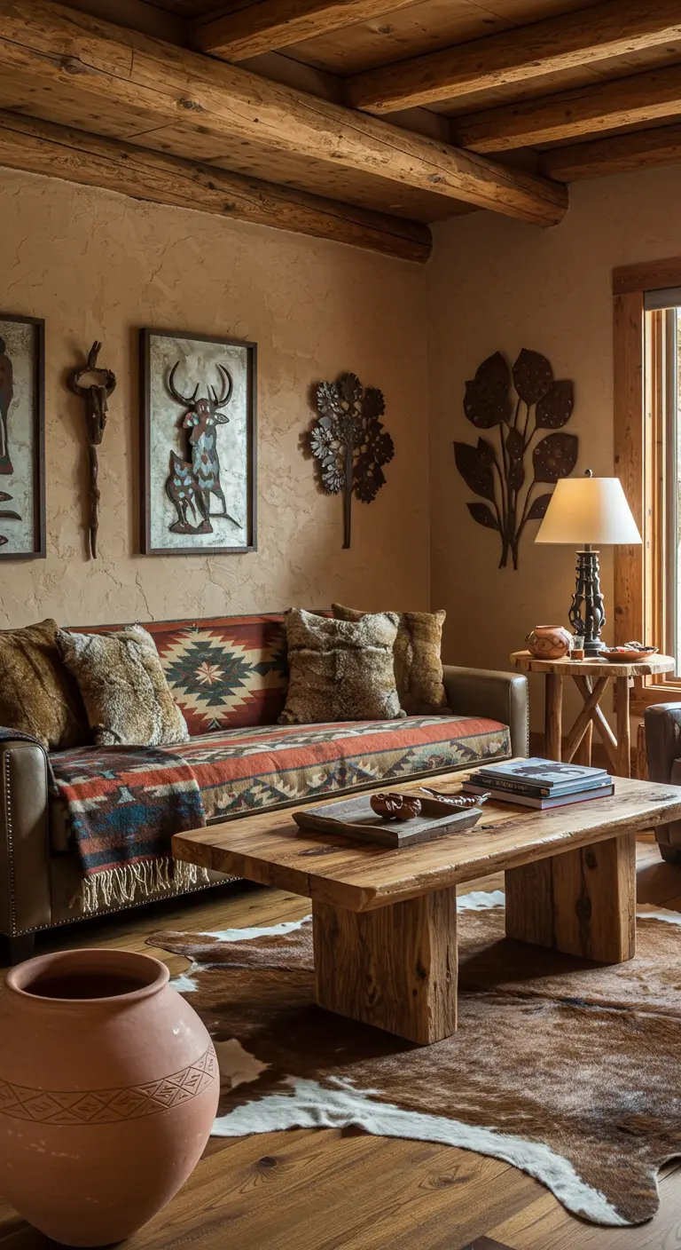 Canapé avec plaid à motifs Navajo, table en bois brut et décorations murales ethniques.