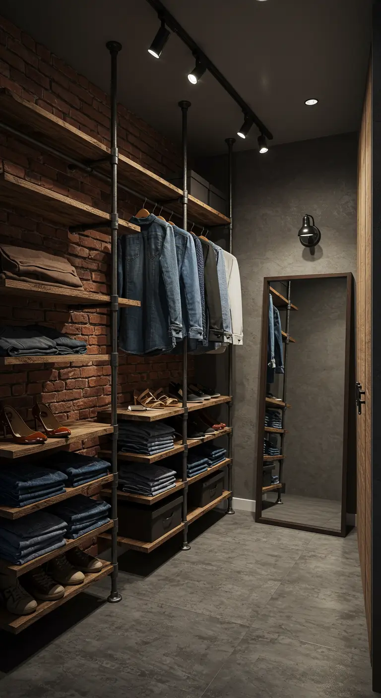 Dressing industriel avec mur de briques, étagères en tuyaux et bois.