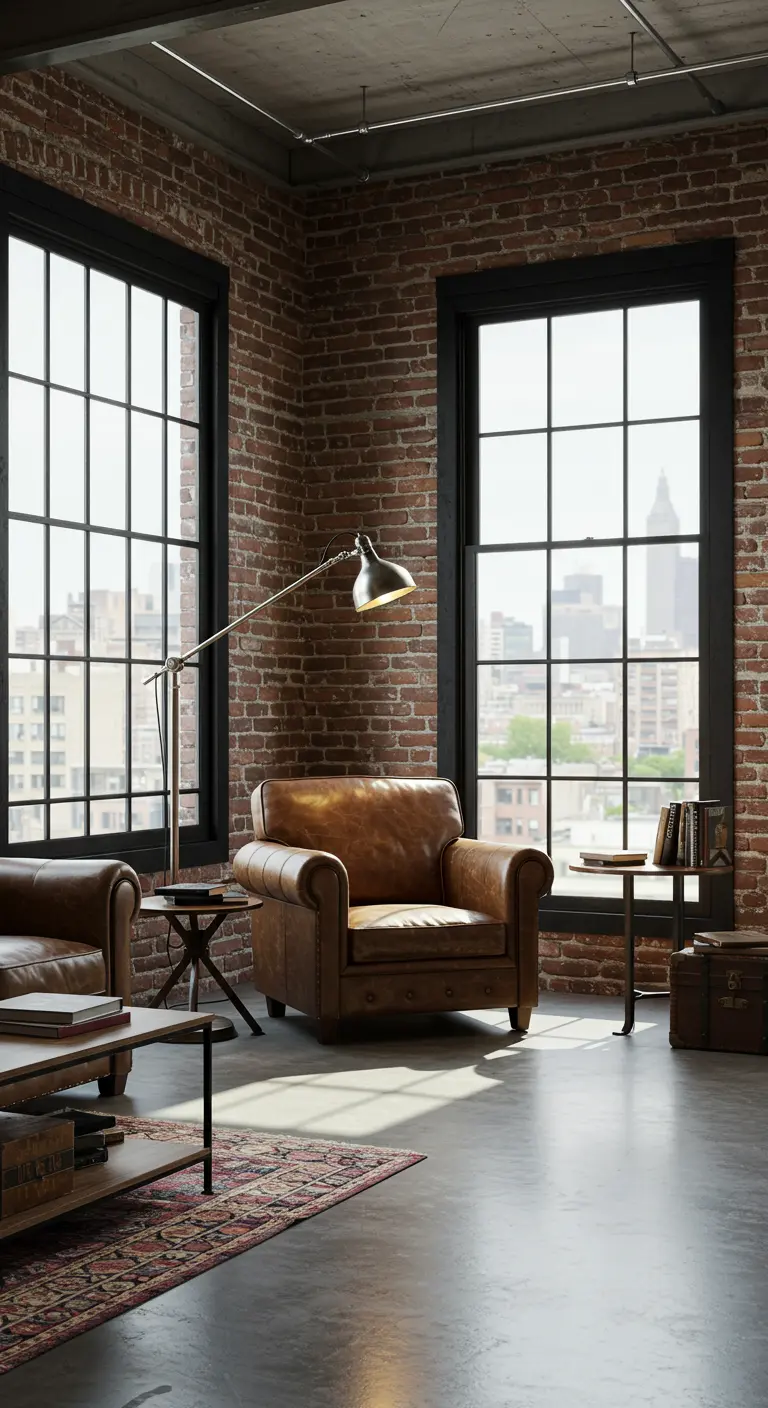 Fauteuil club en cuir dans un loft avec mur de briques et grandes fenêtres noires.