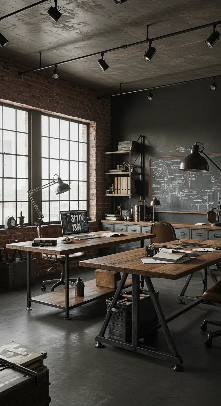 Bureau style industriel avec murs en briques, tables en bois et métal, grand miroir
