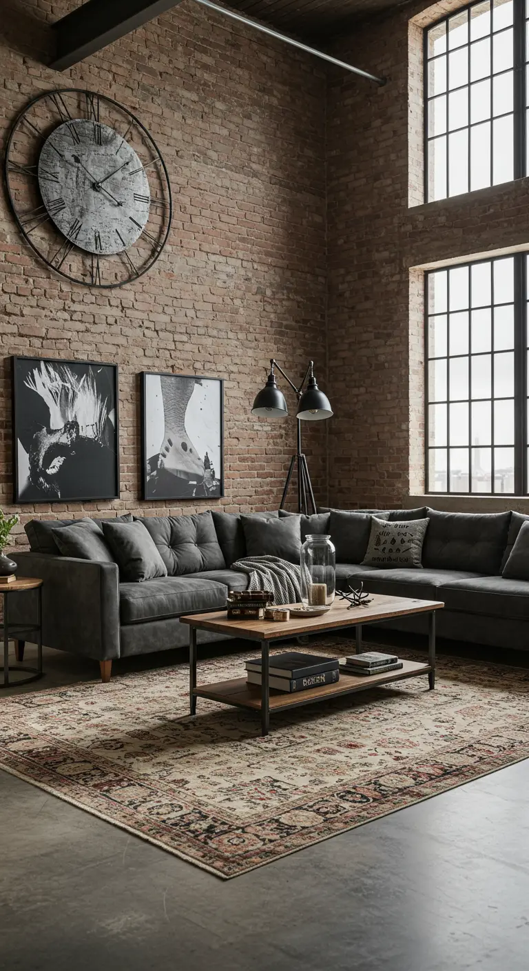 Salon industriel avec canapé en velours anthracite, mur de briques, grande horloge murale et tapis vintage.