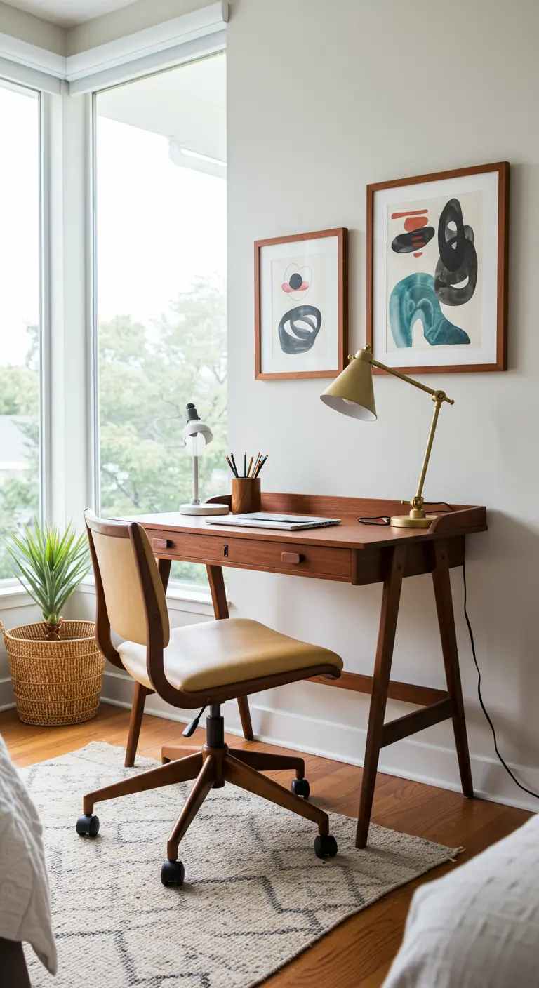 Bureau en bois de style Mid-Century avec une chaise en cuir et des cadres d'art abstrait au mur.