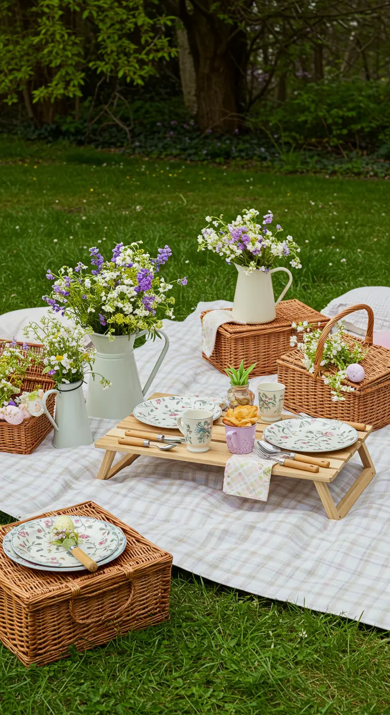 Pique-nique de Pâques dans l'herbe avec paniers en osier et bouquets de fleurs sauvages.