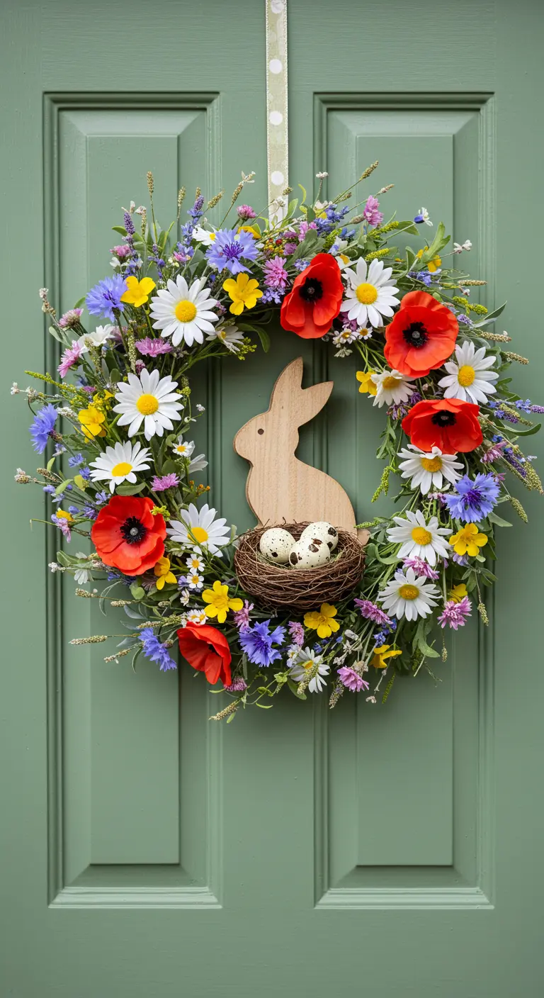Couronne de fleurs sauvages colorées avec un lapin en bois.