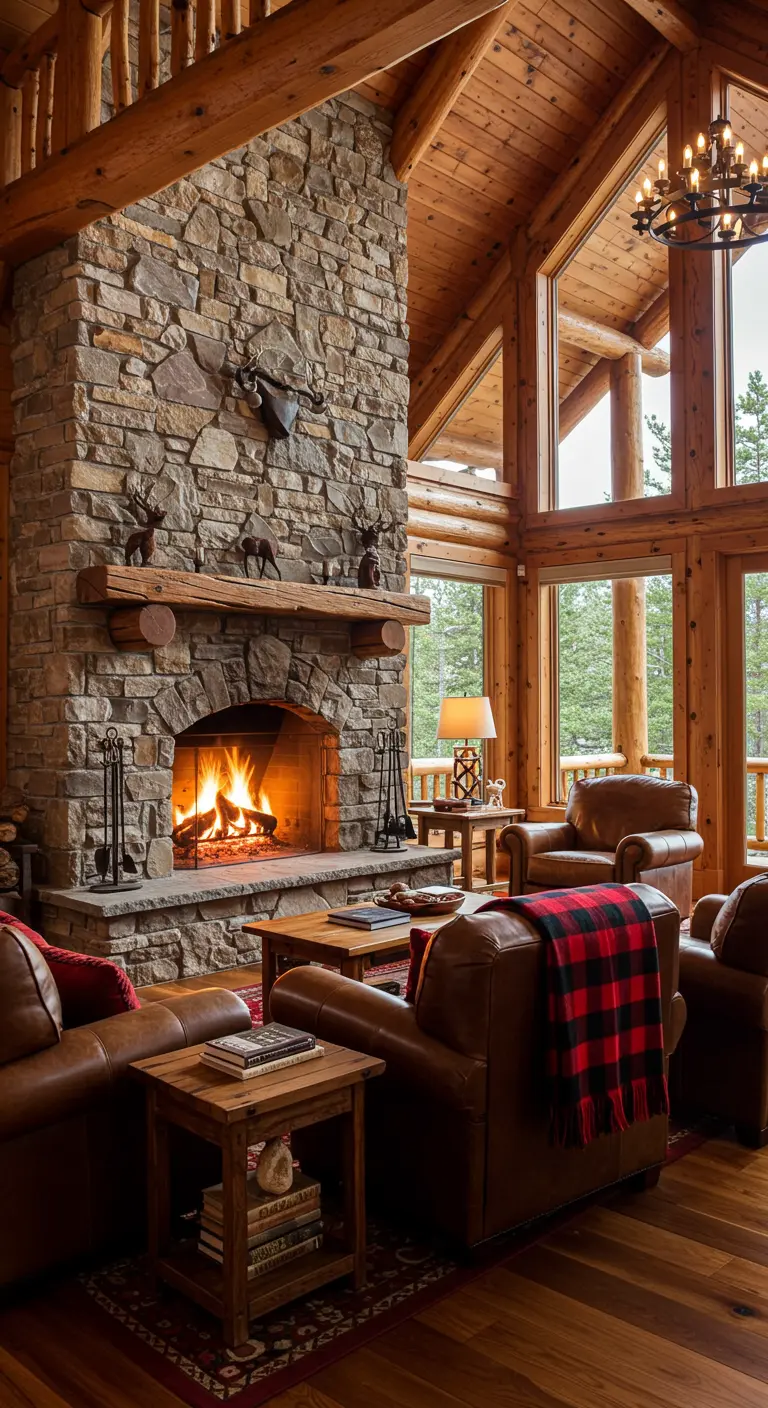 Salon de style chalet avec cheminée en pierre, fauteuils en cuir et plaid à carreaux écossais.