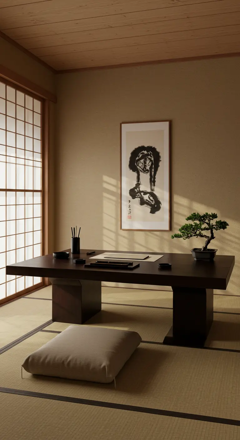 Bureau bas de style japonais avec coussin de sol, bonsaï et calligraphie.