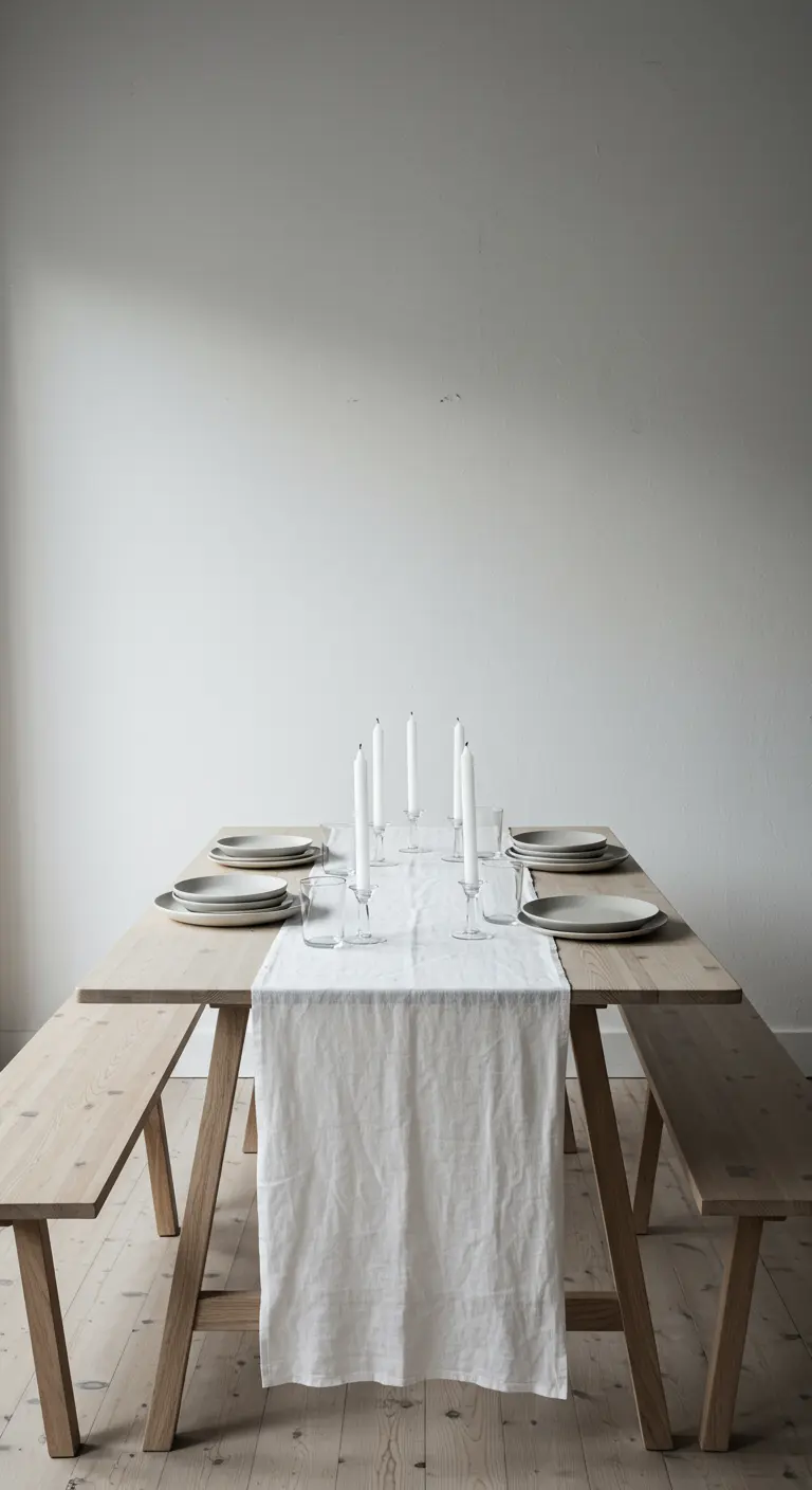 Table de salle à manger très minimaliste avec des bancs en bois et un chemin de table blanc.